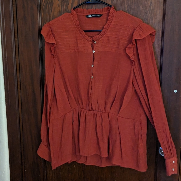 Zara Tops - Zara Burnt Orange Ruffle Shoulder Long Sleeve Lightweight Blouse Size XL